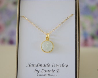 Small White Druzy Gold Necklace, Crystal Necklace, Druzy Pendant, Gold Druzy, Rainbow Pendant, Natural, Natural Stone