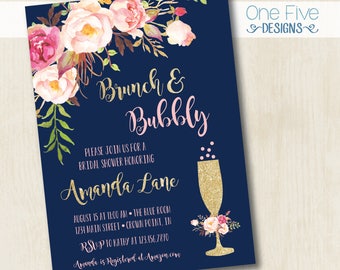 Brunch & Bubbly Bridal Shower Invitation with Flowers (navy, gold, pink, blush) - Printable (5x7)