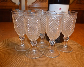 Vintage Footed Diamond Cut Wine Glasses/Set of 5