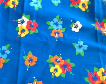 Bright Flowers on Blue Background Cotton Fabric 3 Yards X0828