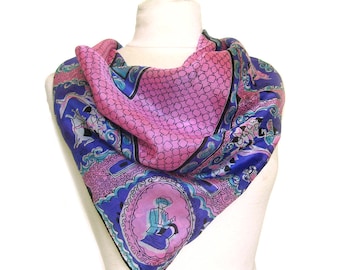 Large Vintage SILK Scarf - Purple and Pink Scarf in and East Indian Motif / Paisley Border / Vintage Silk Scarf with Rolled Hem