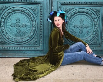 Olive green stretch velvet duster coat,