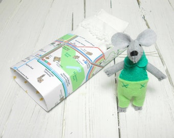 Mouse in a matchbox stuffed animal birthday kids gift felt mouse miniature animal london map aqua green woodland animals