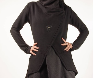 Shadow, knit jacket with cowl neckline and asymmetrical hem by Plastik Wrap.