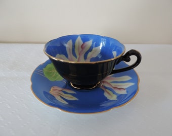 Cup-Saucer-porcelain English-Princess China - painted hand-lilies-blue - reduced