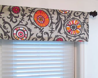 Contemporary Straight Valance Suzani Vine Twill Sherbet Top Window Treatment Custom Sizing Available!