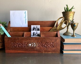 vintage carved wood desk caddy inlay organizer boho office