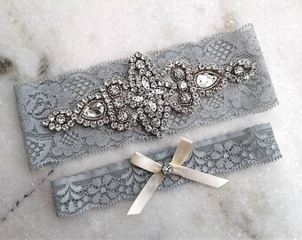 Wedding Garter Set, Dusty Blue Silver Bridal Garters, Light Blue Garter, Stretch Lace Garter, Crystal Rhinestone Garter Set, Something Blue