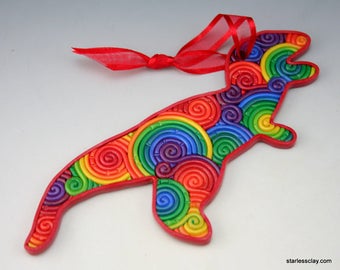 Rainbow Dinosaur Ornament in Fimo Filigree Polymer Clay Christmas Decoration