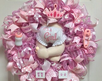 Baby Wreath, Baby Shower Wreath, Baby Girl Wreath, Girl Wreath, Baby Gift, Baby Door Hanger, Baby Door Decor, It's A Girl Wreath