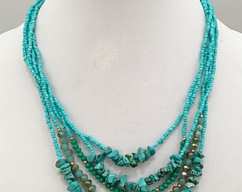 Turquoise Multi Strand Beaded Necklace / Turquoise Beaded Crystal Multi Strand Necklace.