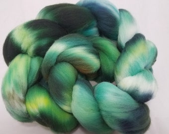 Rambouillet roving(combed top) hand dyed for spinning or felting, kettle dyed Rambouillet wool --'Rainforest'-- 4oz.