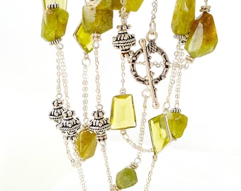 Necklace chain 38" Natural Green Garnet, Olive Quartz, 925 Sterling Silver Antique Style Beads