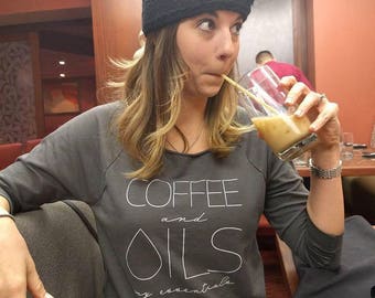 COFFEE and OILS: my essentials - 3/4 Sleeve French Terry Raglan ( Dark Grey) | Essential Oils Shirt | doTERRA | Young Living