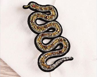 Beaded Gold Snake Patch Full Embroidered Snake Sew on Patches,Embroidery Snake Sew on Patch,Animal patch,Snake Embroidered patch