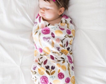 Organic cotton swaddle blanket in Indy Bloom Autumn Blossoms - Fuchsia and Gold Flowers Floral