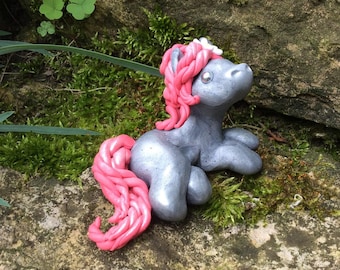 Silver and Pink Pony Sculpture with Daisy