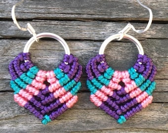 SALE Micro-Macrame Dangle Earrings - Pink, Purple and Teal
