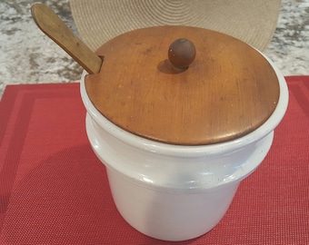 Vintage Stoneware Crock with Wooden Lid and Wooden Spoon