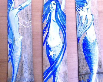 Set of Three Blue Fantasy Mermaid bathroom decor -beach house-original art Hand Painted Art