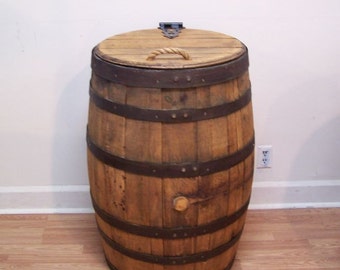 Old Whiskey Barrel Trash Can With Single Hinged Lid & Liner-FREE SHIPPING
