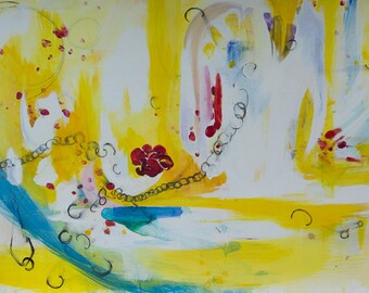 Large Easter Original Painting. Abstract Art, Yellow, Red Rose, Blood, Jesus, Broken Chain, Bright, Spiritual, PilgrimPainter