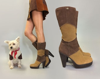 Vintage 90's does 70's Rare PATCHWORK Platform Color Block Mustard Tan Brown Chunky Heel Side Zipper Sketchers Boots || Ladies size 8.5