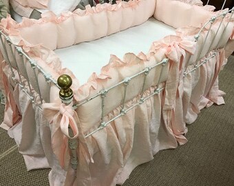 Washed Linen Crib Bedding in Baby Pink----Ruffled Crib Bumpers-Storybook Crib Skirt--Ruffled Floral Pillow