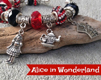 Alice in Wonderland Charm Bracelet, Princess Jewelry, Stocking Stuffer, Red and Black, Movie Jewelry, Gift for Her, White Rabbit