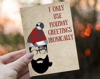 Hipster Christmas Card, Funny Holiday Season Card, Hipster Santa, Jute, Kraft, Clause, Non-Denominational, Printed, Ready to Send, 12 Cards
