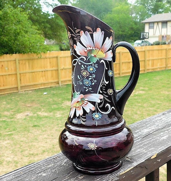 Amethyst Glass Pitcher / Enamel Hand Painted / Victorian Tankard / 13" Tall