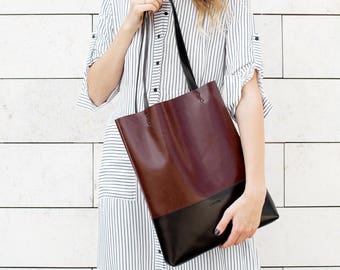 Chestnut Brown Black Leather Tote bag No.Tl- 13002