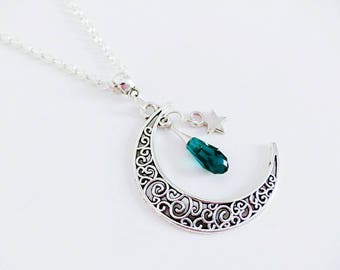 Necklace Moon filigree and emerald green Swarovski Crystal drop