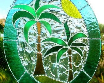 Stained Glass Suncatcher, Tropical Coconut Tree, Stained Glass Sun Catcher, Tropical Decor Suncatcher, Glass Art, Glass Suncatchers, 9539