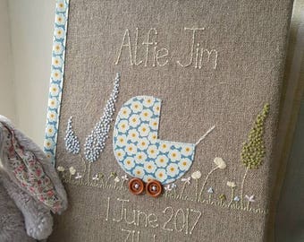 New baby album, baby boy photo album, baby scrapbook, new baby boy gift, blue daisy pram with hand embroidered flowers, christening gift