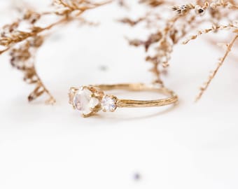 14k rose gold moonstone twig engagement ring, three stone engagement ring, moonstone twig ring