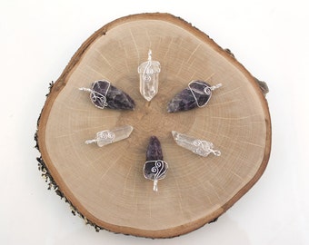 Wire Wrapped Amethyst and Crystal Quartz Pendants, Silver Plated