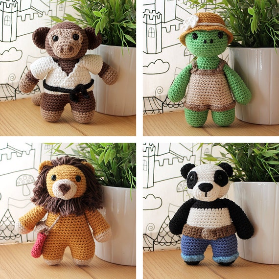 Animals: Monkey, Turtle, Lion & Panda. Amigurumi Pattern PDF.