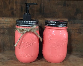 Glossy Mason Jar Soap Dispenser and Toothbrush Holder ~ Coral Reef
