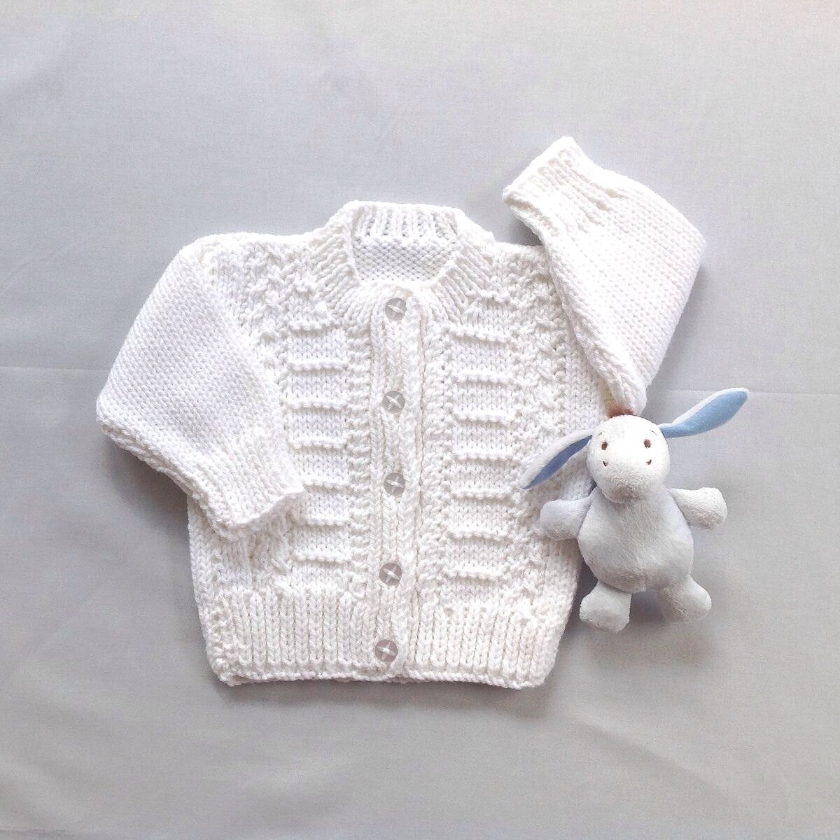 White baby cardigan 6 to 12 months Infant hand knit