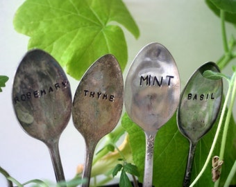 Vintage Silverware Garden Marker - Mint Basil Rosemary Thyme Set (E0327)