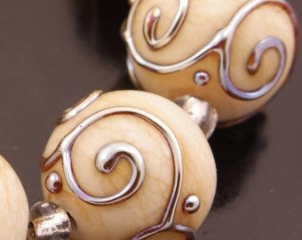 SRA Lampwork Beads Cream Ivory Glass Beads Metallic Lampwork Beads Ivory Lampwork Bead Set Handmade Scrollwork Beads Heather Behrendt