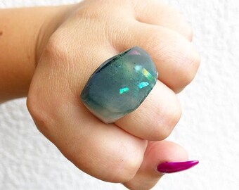 Chunky Geometric Ring - Green Resin Ring - Resin Jewelry - Matte Resin Ring - Statement Jewelry - Large Size 12 Resin Ring - Resin Jewelry