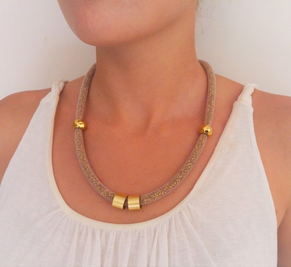 Gold Tube Necklace, Golden Funky Necklace, Statement Jewelry, Chunky Womens Necklace, Golden Bib Necklace, Sparkling Beads Necklace