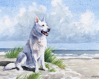 White German Shepherd Art Print "White German Shepherd At The Beach" Signed by Artist DJ Rogers