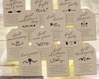 Marriage Milestone Wine Basket Tags — Set of 12 — Bridal Shower Gift / Wedding — Firsts Poems — Illustrations — 3.5"x5" — INSTANT DOWNLOAD