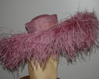 Extra large Hat with Ostrich feather boa in dusky pink By Hats2go Made to Order