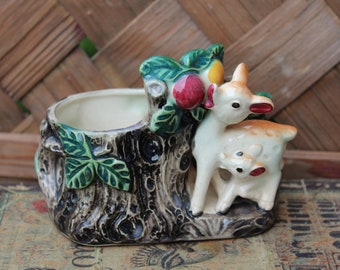 Vintage Deer and Fawn Planter, Florart, Japan, Hand Decorated, 1950s, Vintage Ceramic Planter, Deer Figurine, Retro Planter Whimsical