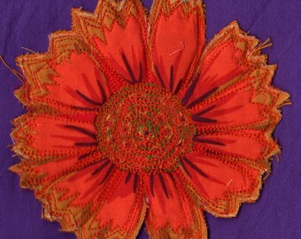 Printed fabric flower brooch orange CELIA