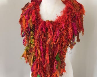 sale silk scarf, bright orange Recycled silk, hand knitted, boho tattered rag scarf
